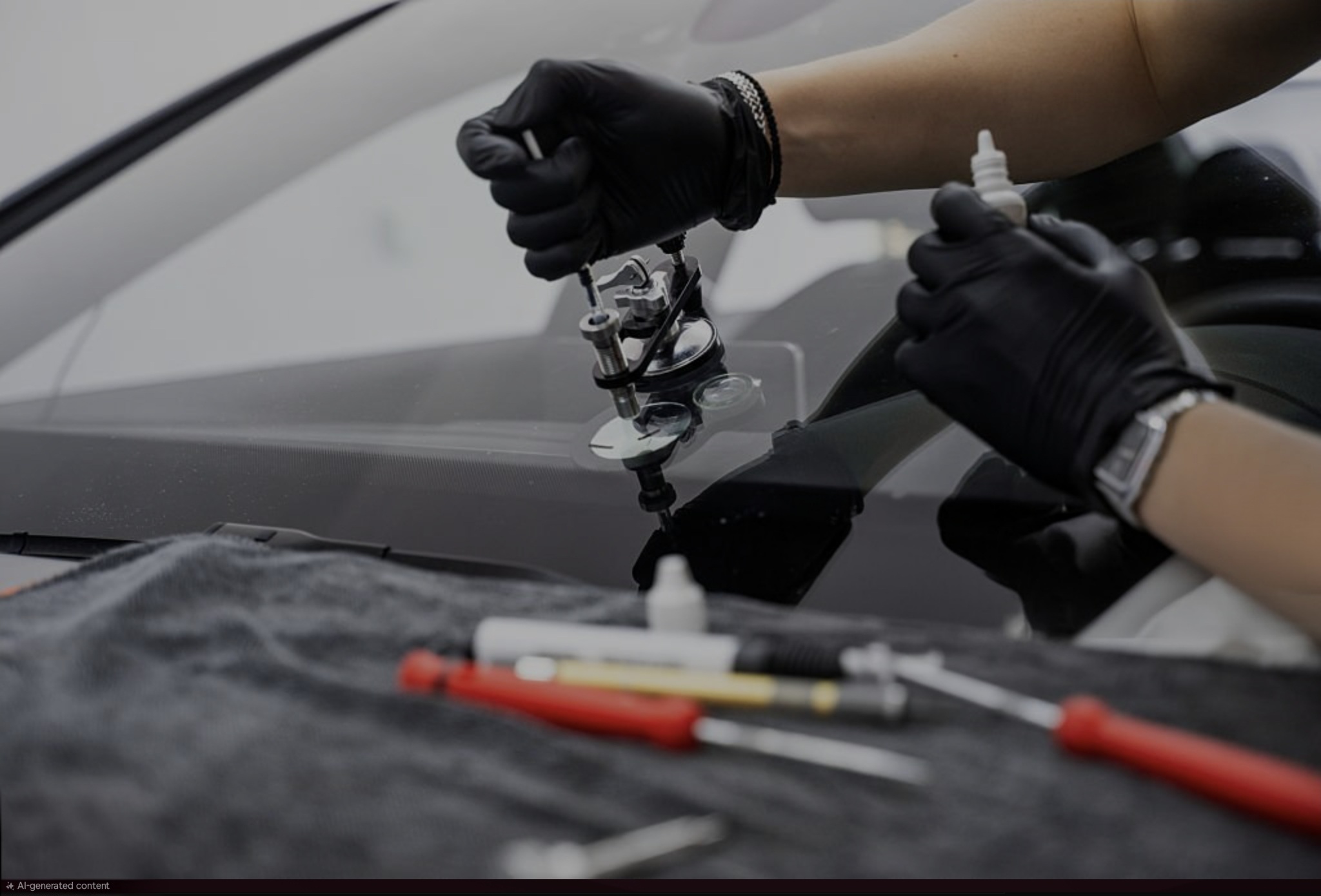 Technician performing a windshield chip repair on a vehicle in Richland, WA